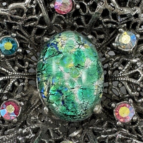 Musi Rhinestone Shoe Clips Filigree Aurora Borealis Faux Opal Cabochon Vtg 1960s - Picture 3 of 10